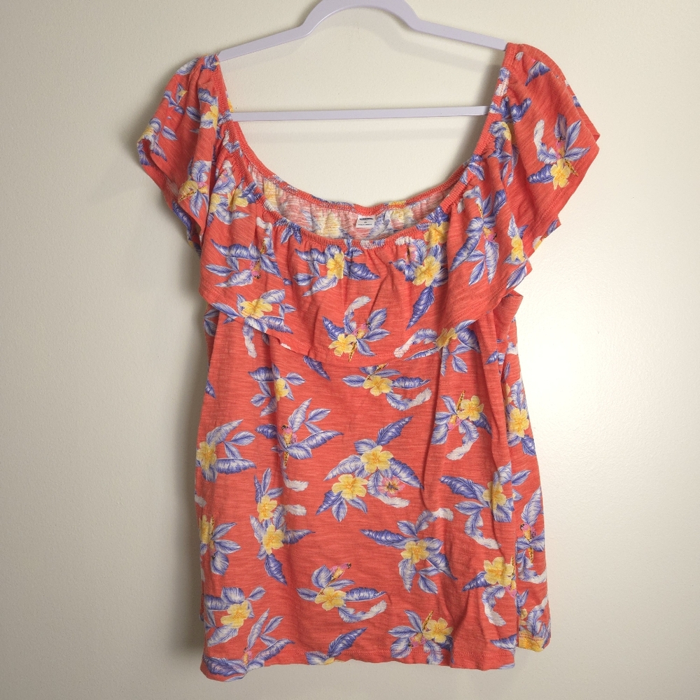 OLD NAVY Floral with Bird Novelty Print Off Orange Shoulder Top XL
